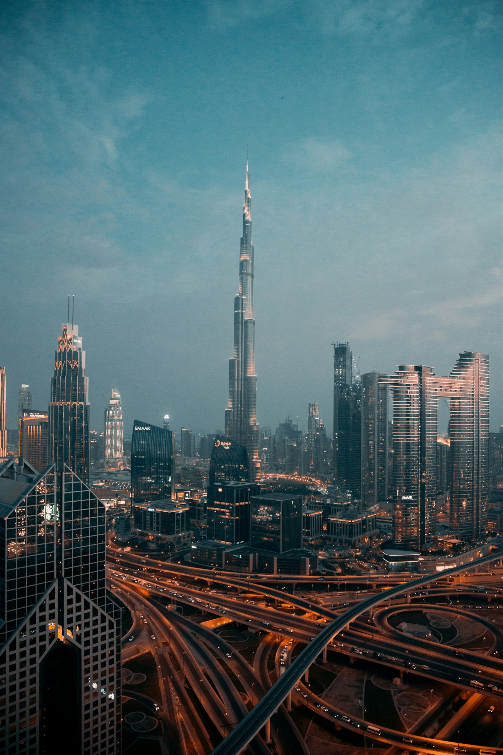 Burj Khalifa and Dubai skyline illuminated at night